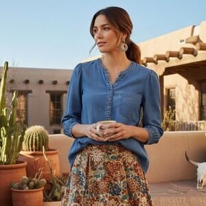 Venini Medium $128 Blue Chambray Tencel Lyocell Peasant Blouse Puff‎ Sleeve